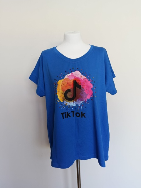 Bluzka damska TikTok niebieska z perełkami – luźny T-shirt oversize