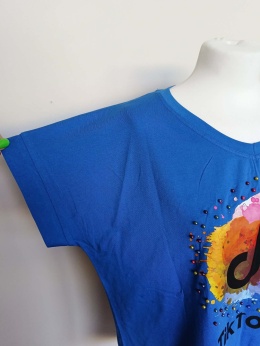 Bluzka damska TikTok niebieska z perełkami – luźny T-shirt oversize
