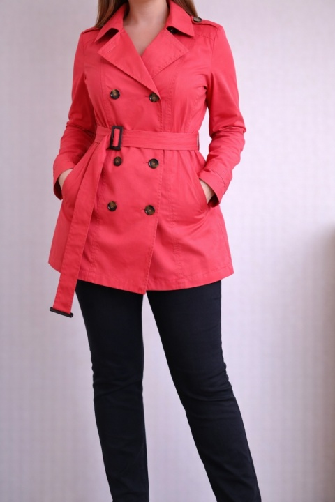 Damski Trencz Różowy z Paskiem – Dwurzędowy, Klasyczny, Troll