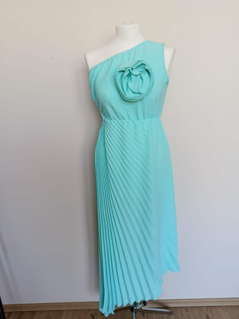 Miętowa sukienka damska plisowana asymetryczna na jedno ramię Made in Italy nowa z metką