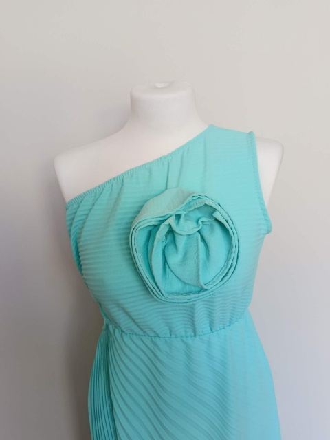 Miętowa sukienka damska plisowana asymetryczna na jedno ramię Made in Italy nowa z metką