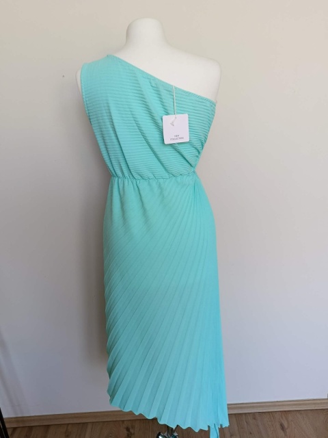 Miętowa sukienka damska plisowana asymetryczna na jedno ramię Made in Italy nowa z metką