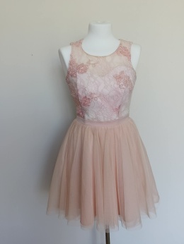 Sukienka wizytowa pudrowy róż tiul koronka plecy 38