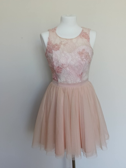 Sukienka wizytowa pudrowy róż tiul koronka plecy 38