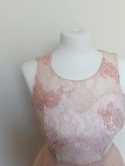 Sukienka wizytowa pudrowy róż tiul koronka plecy 38