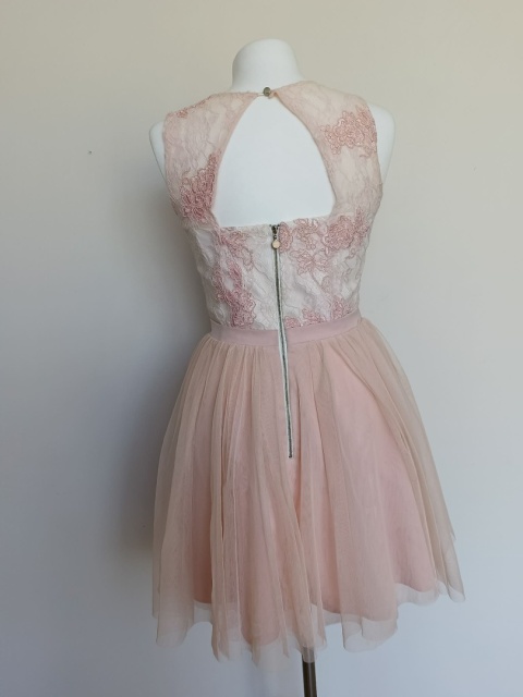 Sukienka wizytowa pudrowy róż tiul koronka plecy 38