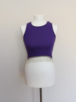 Fioletowy top damski crop z ozdobnymi cyrkoniami krótki elastyczny nowy z metką