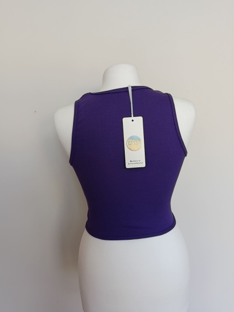 Fioletowy top damski crop z ozdobnymi cyrkoniami krótki elastyczny nowy z metką