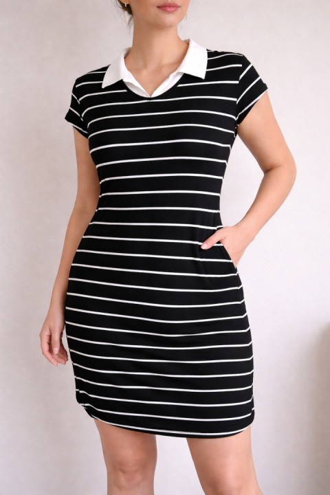 SHEIN – czarna sukienka w paski z kołnierzykiem rozmiar M