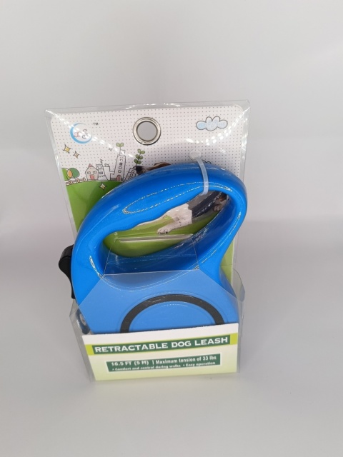 Smycz automatyczna taśmowa 5 m dla psa do 15 kg – blokada, niebieska