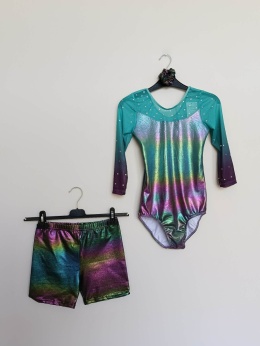 Strój gimnastyczny / baletowy 2-częściowy dziewczęcy – body + spodenki – holograficzny – rozmiar 14A