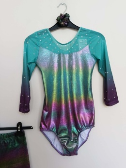Strój gimnastyczny / baletowy 2-częściowy dziewczęcy – body + spodenki – holograficzny – rozmiar 14A