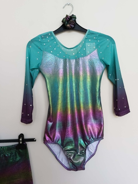 Strój gimnastyczny / baletowy 2-częściowy dziewczęcy – body + spodenki – holograficzny – rozmiar 14A
