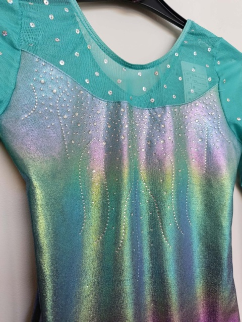 Strój gimnastyczny / baletowy 2-częściowy dziewczęcy – body + spodenki – holograficzny – rozmiar 14A