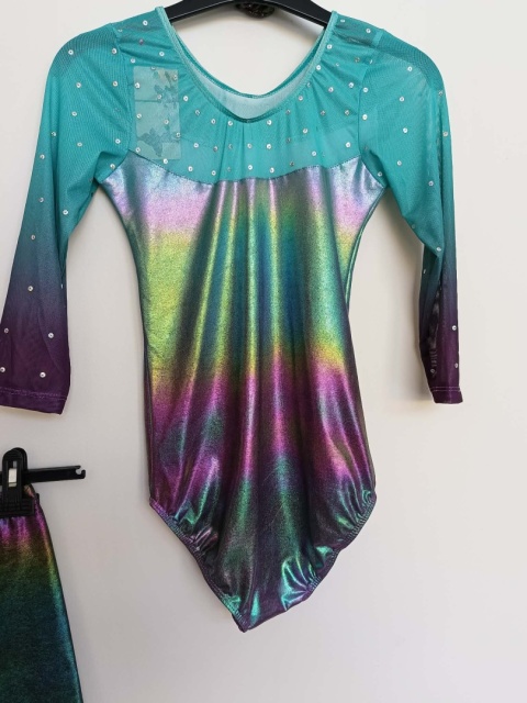 Strój gimnastyczny / baletowy 2-częściowy dziewczęcy – body + spodenki – holograficzny – rozmiar 14A