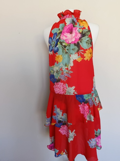 Sukienka damska H&M czerwona w kwiaty falbany elegancka rozmiar 38