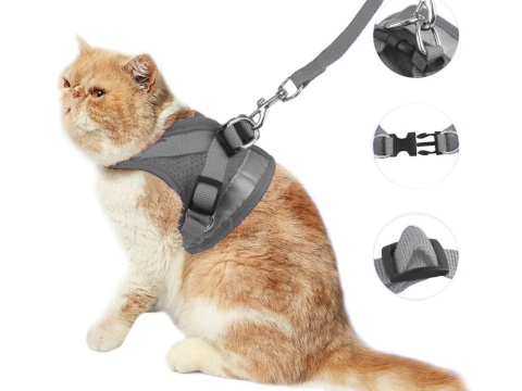Szelki dla psa kota z regulowaną smyczą – oddychające, odblaskowe, szare