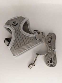 Szelki dla psa kota z regulowaną smyczą – oddychające, odblaskowe, szare