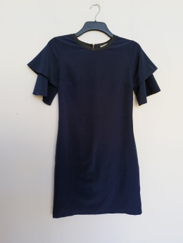 sukienka damska mudo collection granatowa elegancka falbanki rękawy rozmiar 34