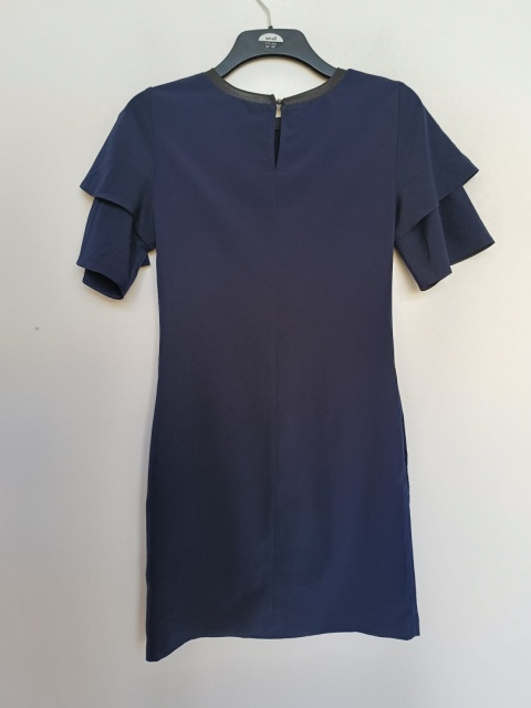 sukienka damska mudo collection granatowa elegancka falbanki rękawy rozmiar 34