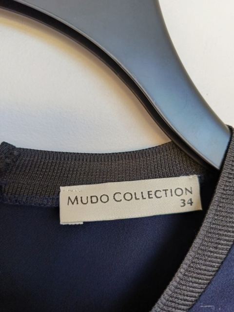 sukienka damska mudo collection granatowa elegancka falbanki rękawy rozmiar 34