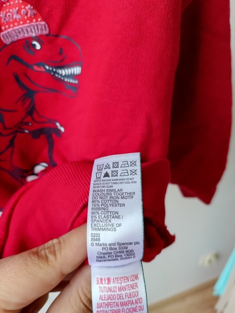 Bluza czerwona dinozaur T-rex M&S 3-4 lata 104 cm