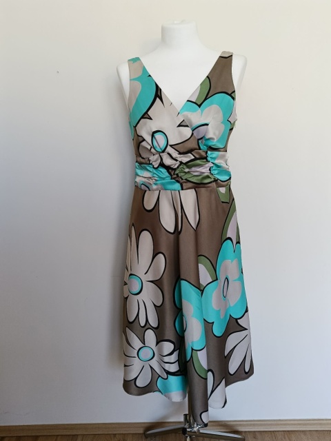 Sukienka Iwa Collection 42 kwiaty midi kopertowy dekolt elegancka