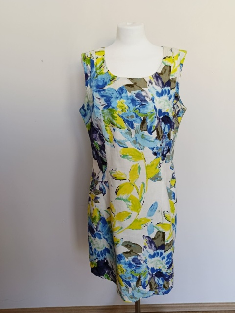 Sukienka Quiosque 42 lniana kwiaty niebiesko żółta midi len wiskoza