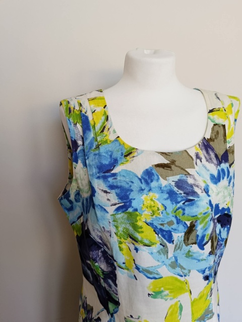 Sukienka Quiosque 42 lniana kwiaty niebiesko żółta midi len wiskoza