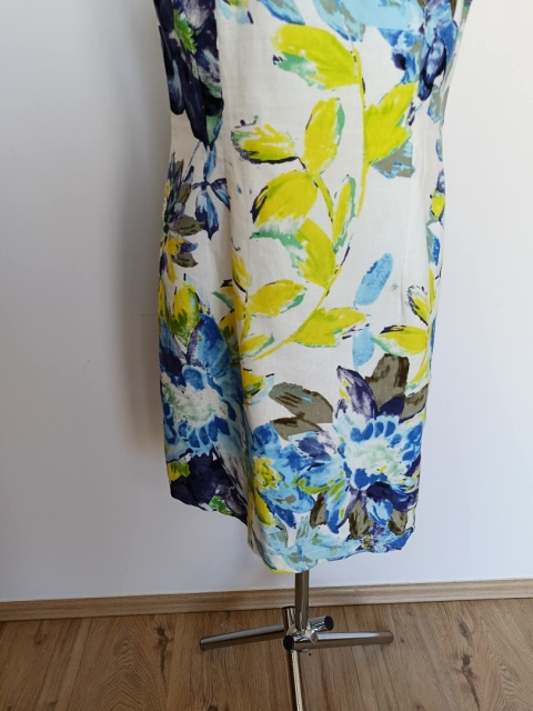 Sukienka Quiosque 42 lniana kwiaty niebiesko żółta midi len wiskoza