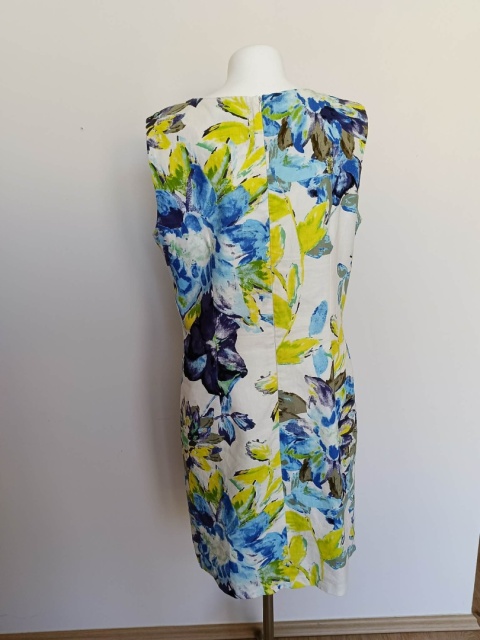 Sukienka Quiosque 42 lniana kwiaty niebiesko żółta midi len wiskoza