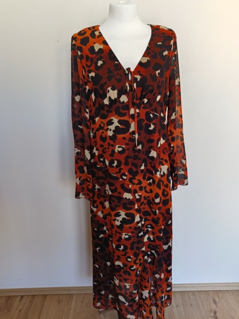 Sukienka maxi Bodyflirt 38 M panterka – zwiewna, kopertowy dekolt, długa boho