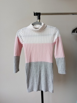 Sukienka prążkowana golf dziewczynka 7 lat różowa szara