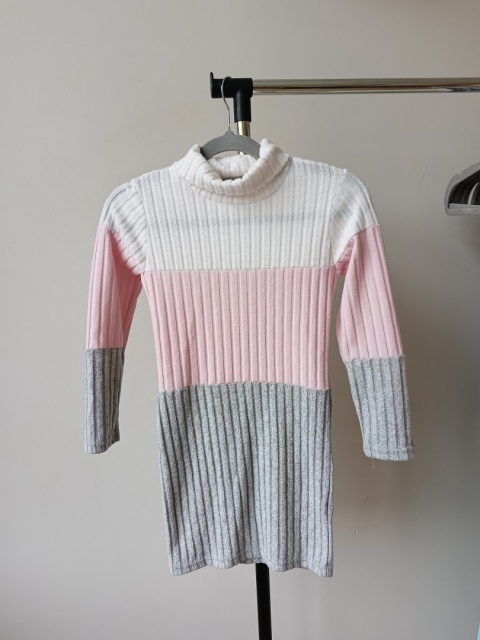 Sukienka prążkowana golf dziewczynka 7 lat różowa szara