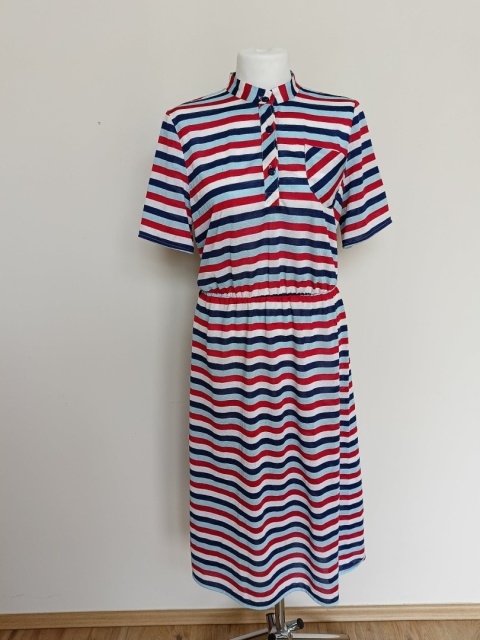 Sukienka w paski midi biało-granatowo-czerwona r. 42 kołnierzyk