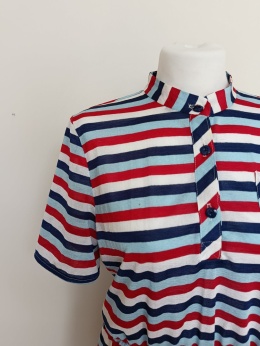 Sukienka w paski midi biało-granatowo-czerwona r. 42 kołnierzyk