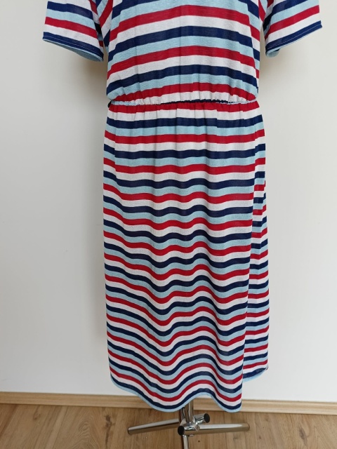 Sukienka w paski midi biało-granatowo-czerwona r. 42 kołnierzyk