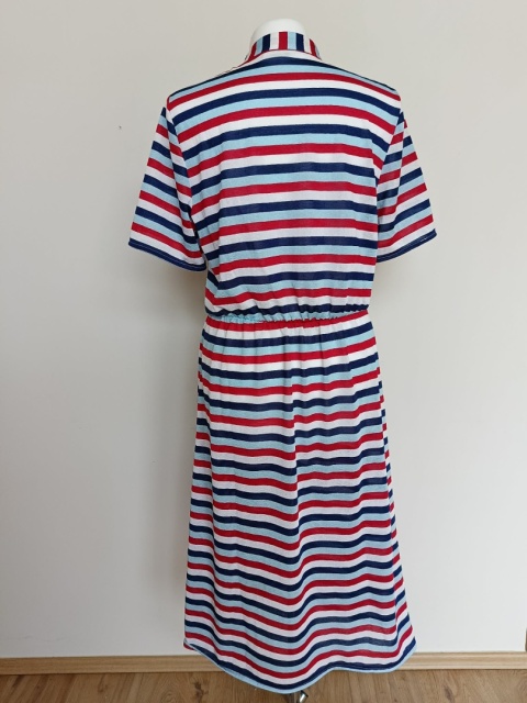 Sukienka w paski midi biało-granatowo-czerwona r. 42 kołnierzyk